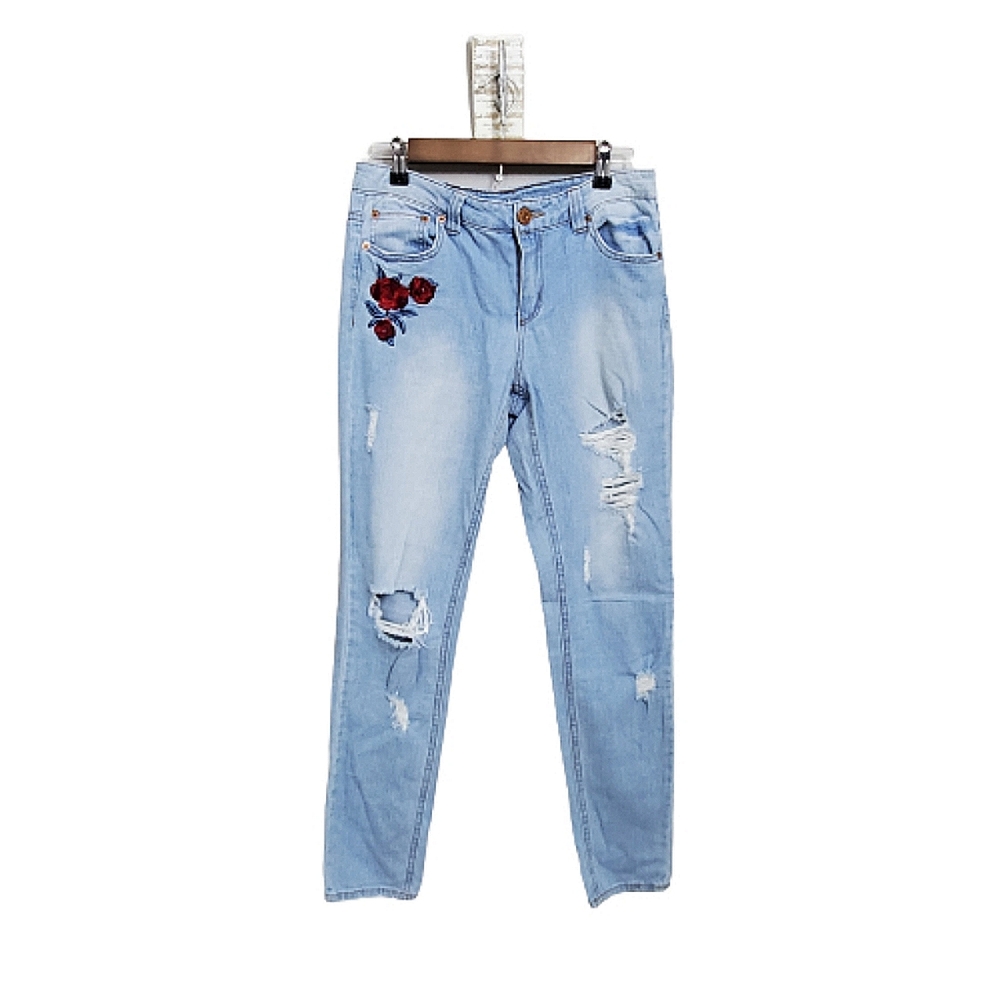 Almost Famous Distressed Floral Embroidered Mid Rise Jeans